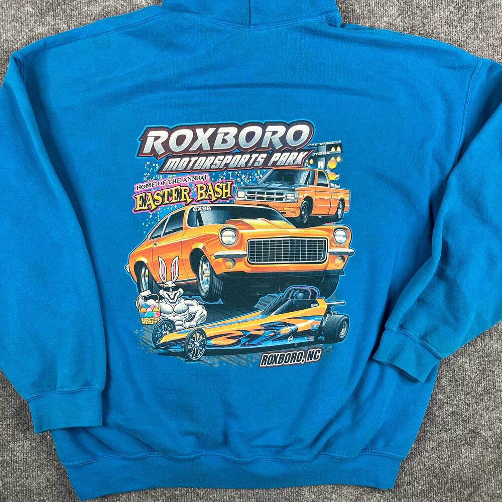 Gildan Roxboro Motorsports Park Hoodie 2XL Blue Drag Race Car Graphic